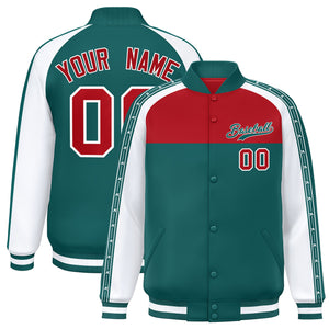 Custom Red Aqua K-Ribbon Raglan Sleeves Varsity Full-Snap Color Block Letterman Jacket