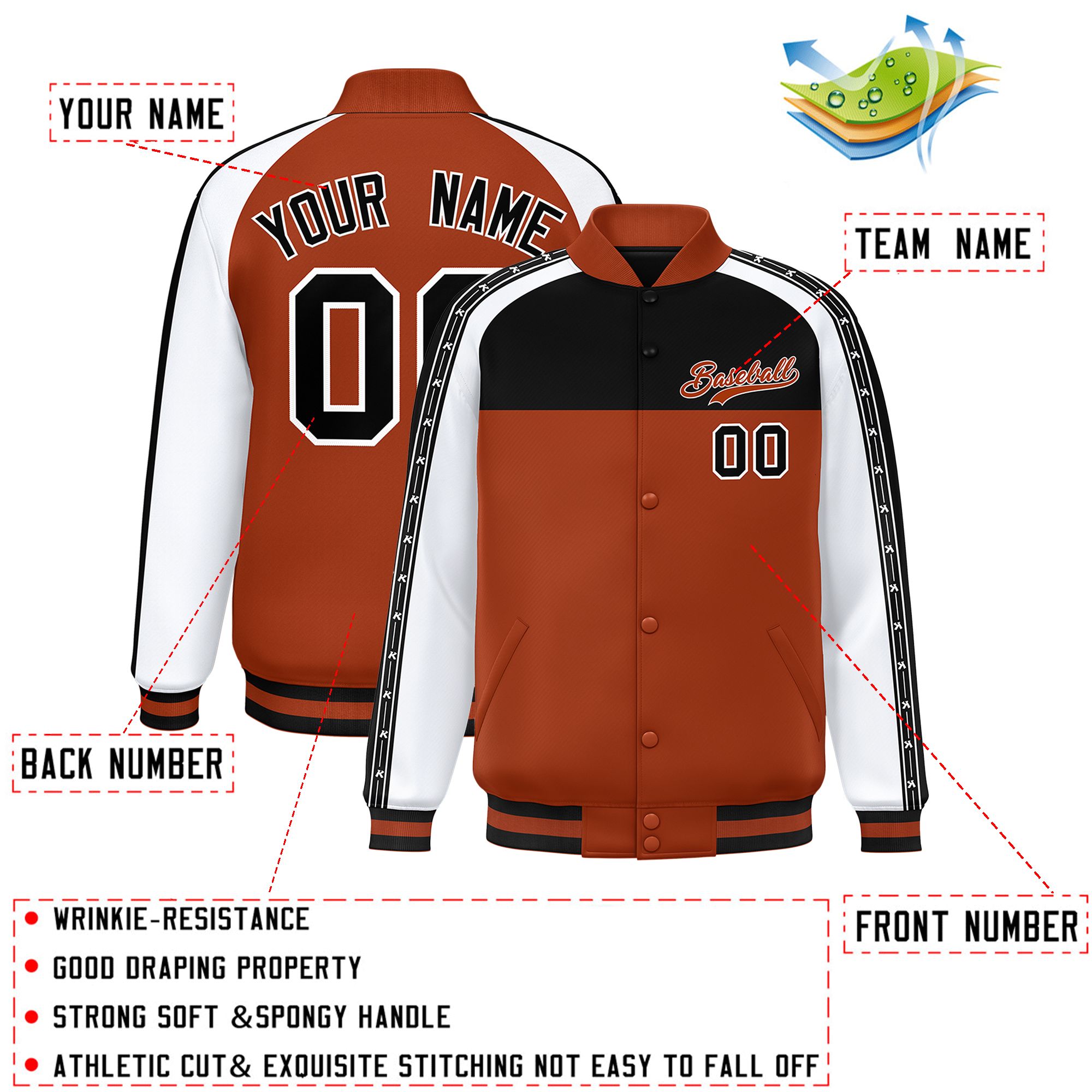 Custom Black Texas Orange K-Ribbon Raglan Sleeves Varsity Full-Snap Color Block Letterman Jacket