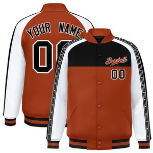 Custom Black Texas Orange K-Ribbon Raglan Sleeves Varsity Full-Snap Color Block Letterman Jacket