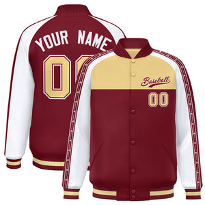 Custom Khaki Crimson K-Ribbon Raglan Sleeves Varsity Full-Snap Color Block Letterman Jacket