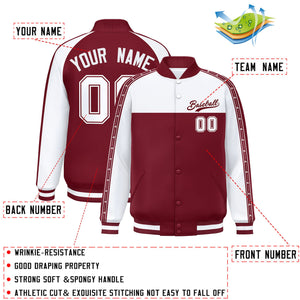 Custom White Crimson K-Ribbon Raglan Sleeves Varsity Full-Snap Color Block Letterman Jacket