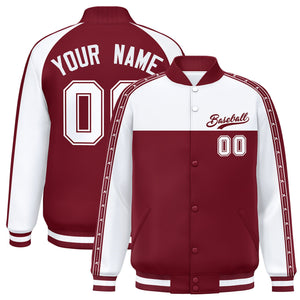 Custom White Crimson K-Ribbon Raglan Sleeves Varsity Full-Snap Color Block Letterman Jacket