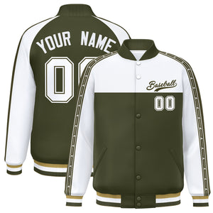 Custom White Olive K-Ribbon Raglan Sleeves Varsity Full-Snap Color Block Letterman Jacket