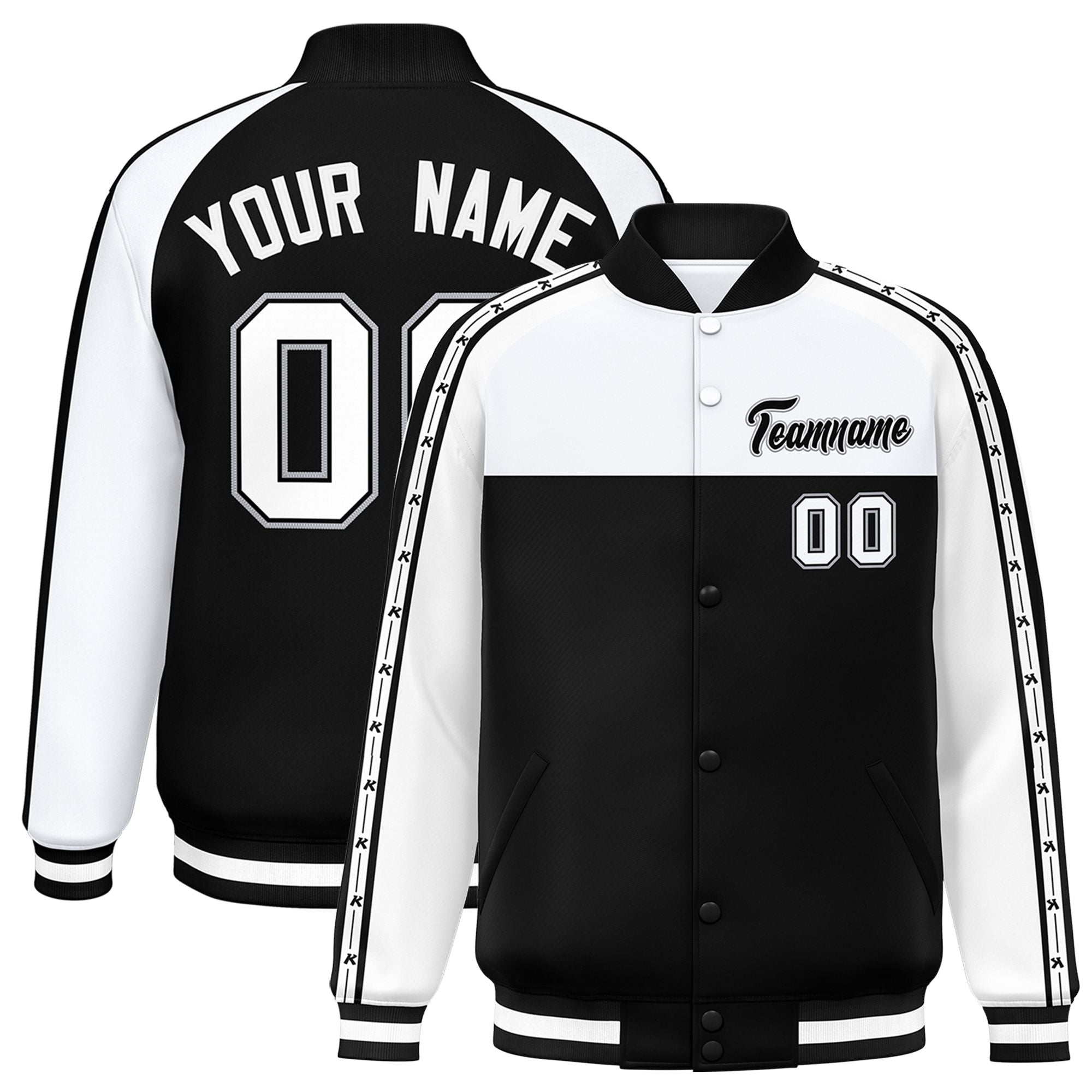 Custom White Black K-Ribbon Raglan Sleeves Varsity Full-Snap Color Block Letterman Jacket