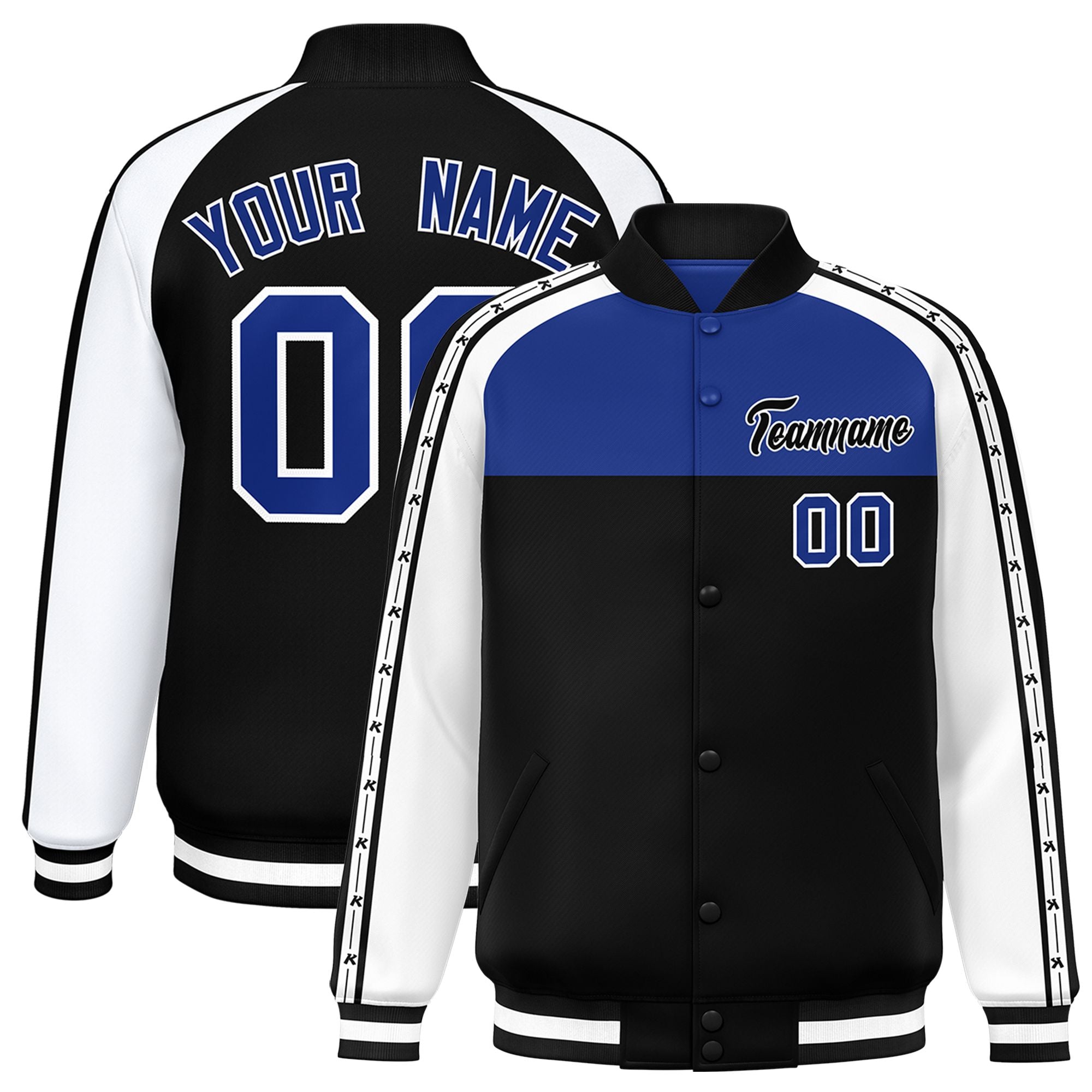 Custom Royal Black K-Ribbon Raglan Sleeves Varsity Full-Snap Color Block Letterman Jacket