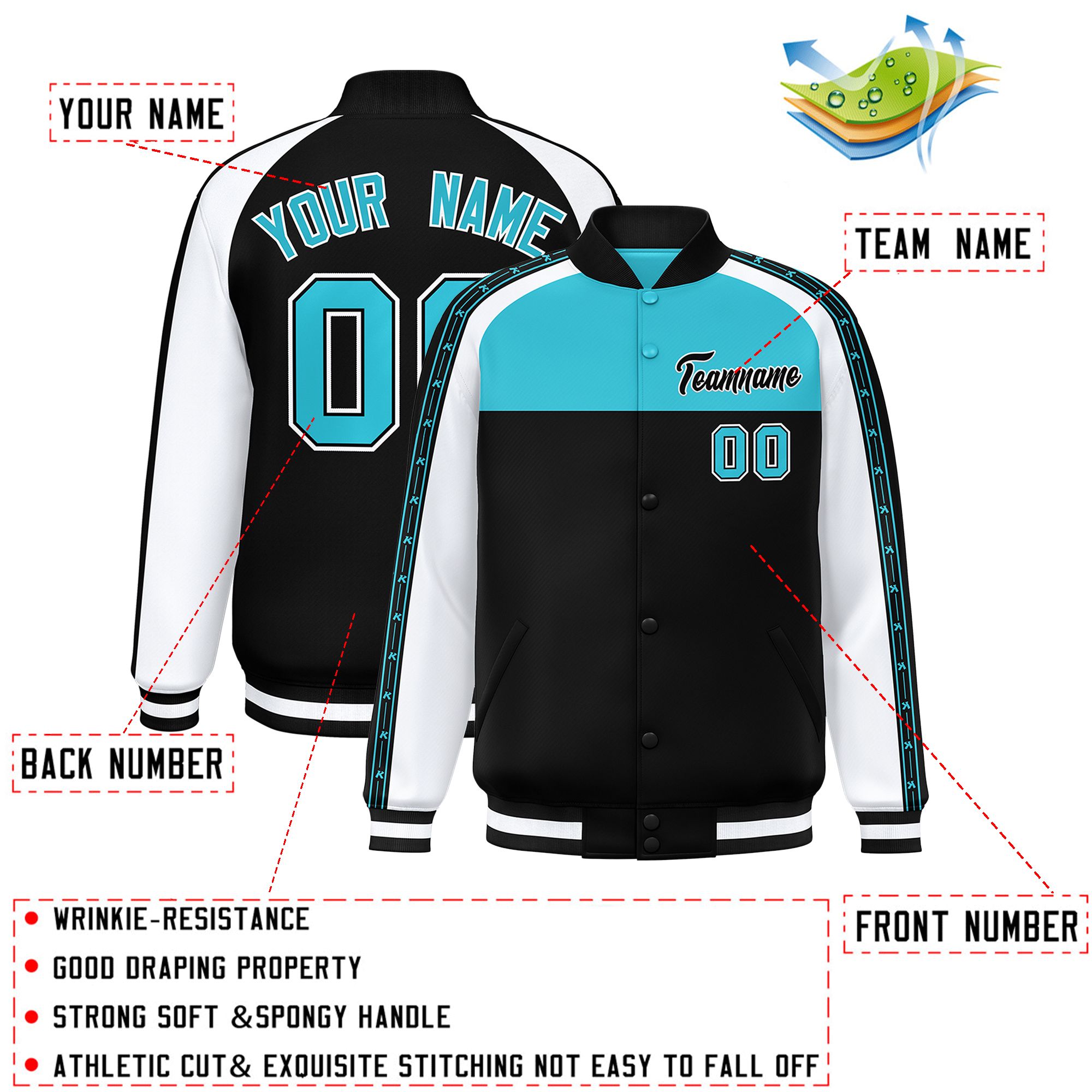 Custom Sky Blue Black K-Ribbon Raglan Sleeves Varsity Full-Snap Color Block Letterman Jacket