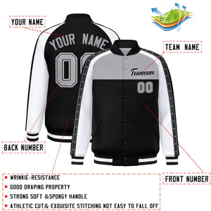 Custom Gray Black K-Ribbon Raglan Sleeves Varsity Full-Snap Color Block Letterman Jacket