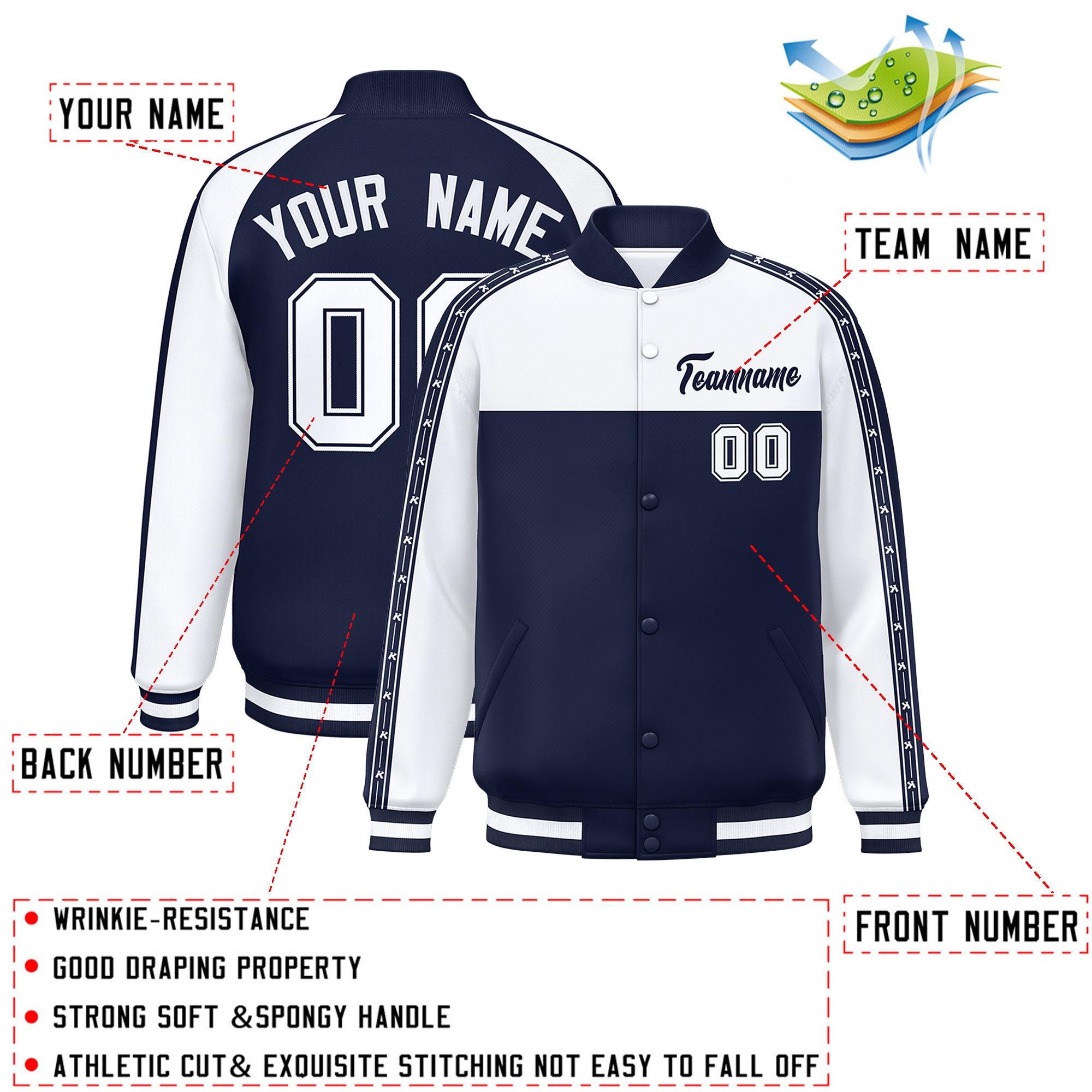 Custom White Navy K-Ribbon Raglan Sleeves Varsity Full-Snap Color Block Letterman Jacket