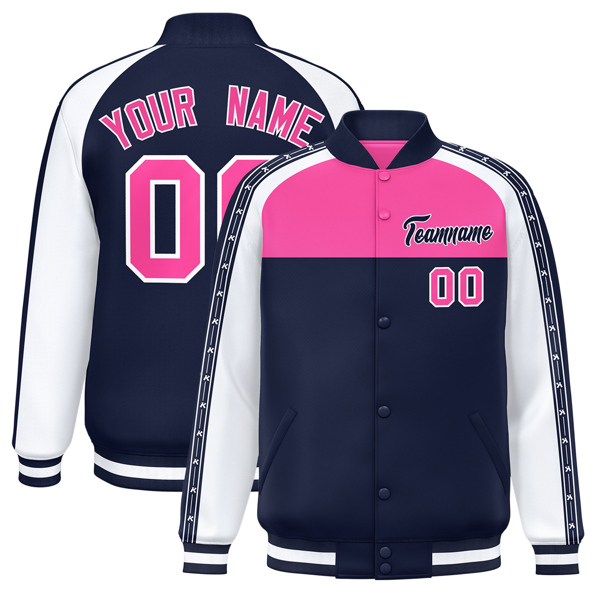 Custom Pink Navy K-Ribbon Raglan Sleeves Varsity Full-Snap Color Block Letterman Jacket