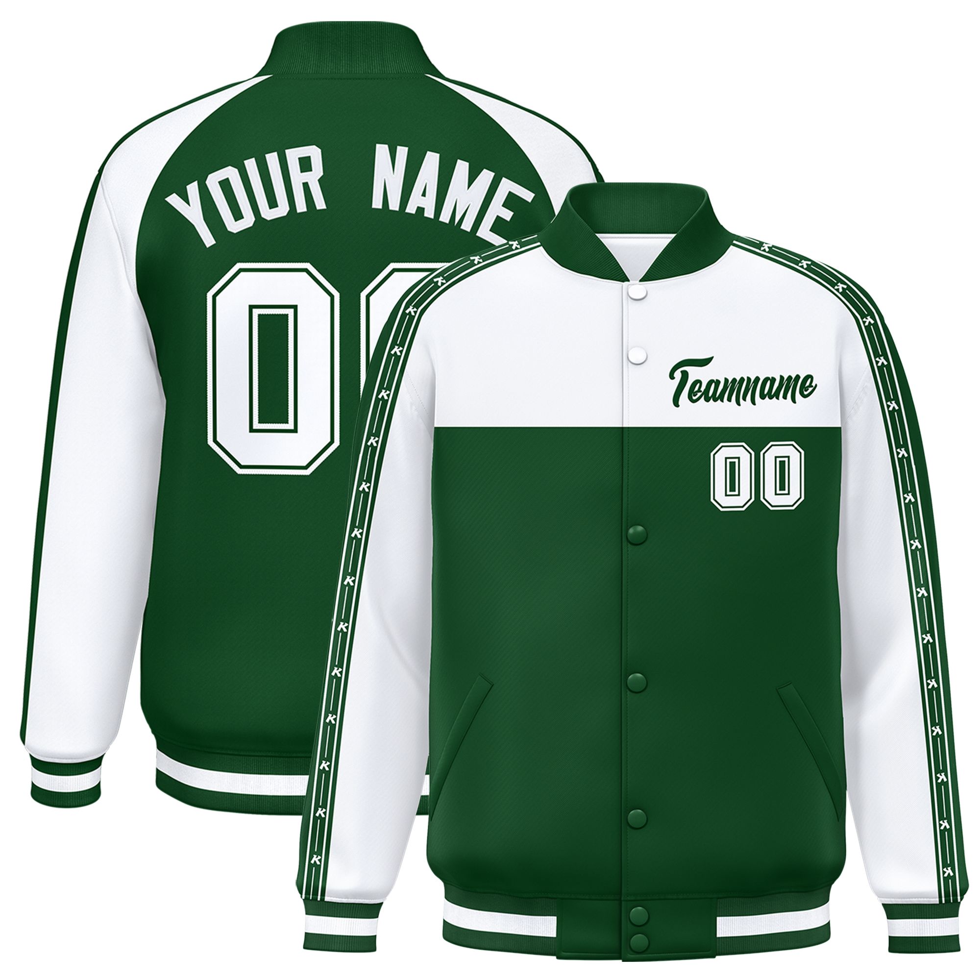 Custom White Green K-Ribbon Raglan Sleeves Varsity Full-Snap Color Block Letterman Jacket