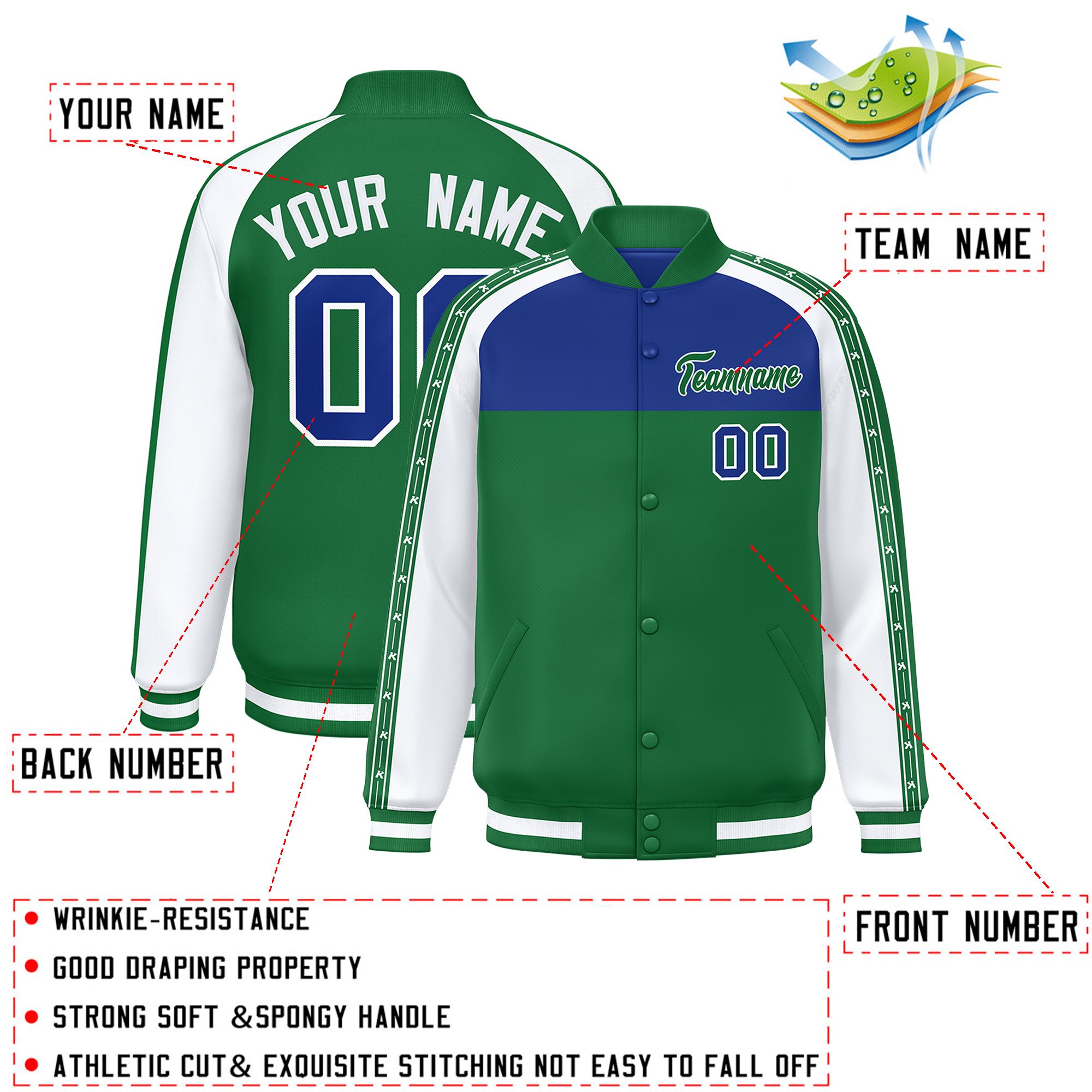 Custom Royal Teal K-Ribbon Raglan Sleeves Varsity Full-Snap Color Block Letterman Jacket