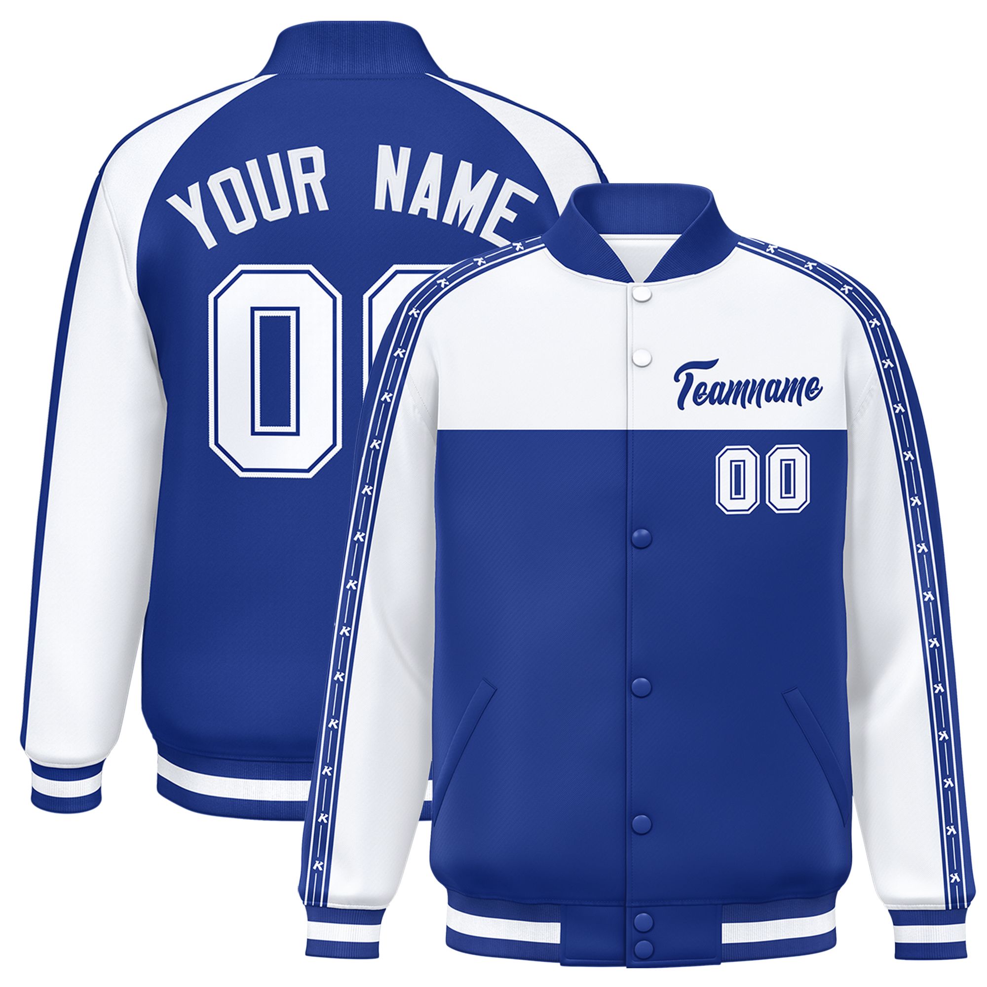 Custom White Royal K-Ribbon Raglan Sleeves Varsity Full-Snap Color Block Letterman Jacket