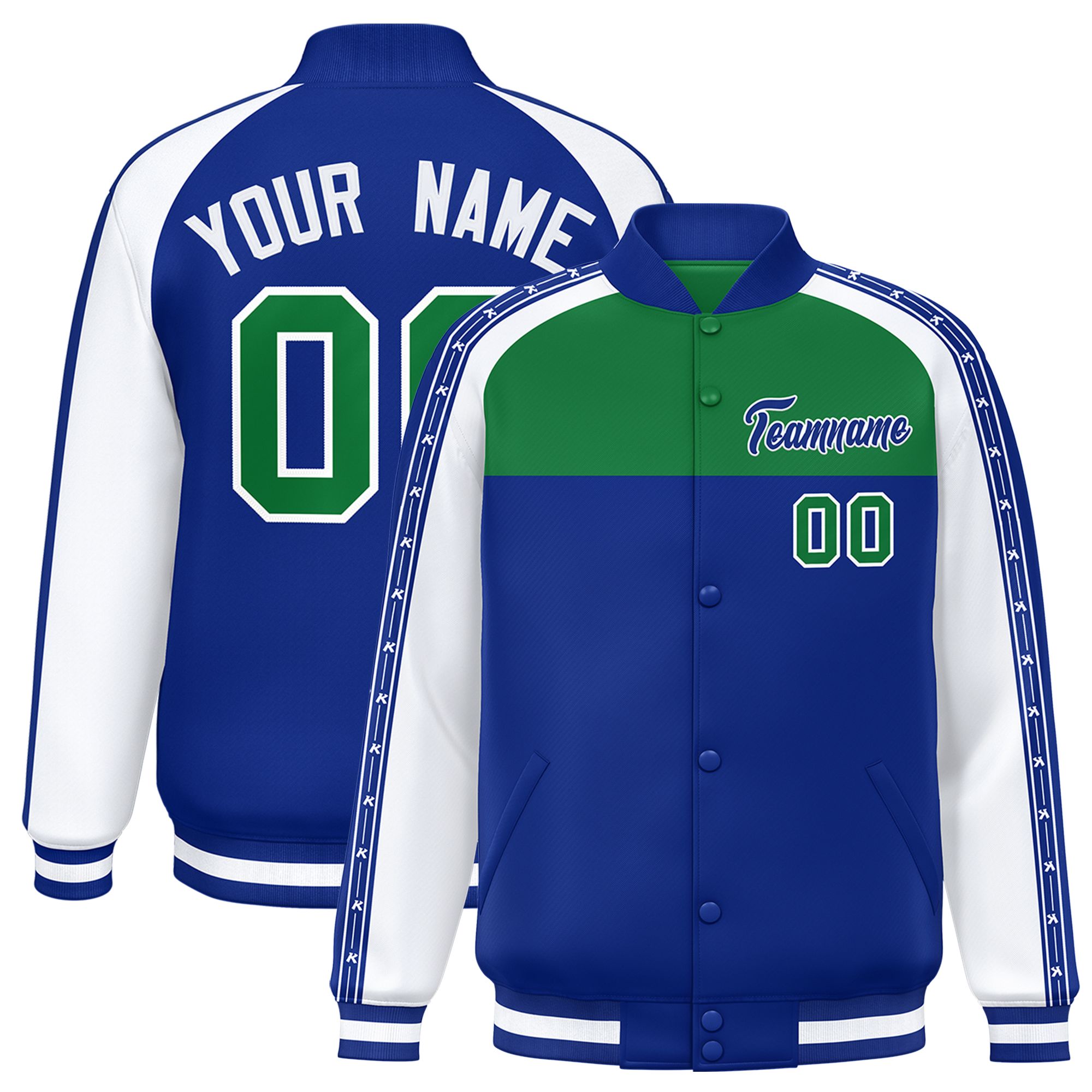 Custom Teal Royal K-Ribbon Raglan Sleeves Varsity Full-Snap Color Block Letterman Jacket