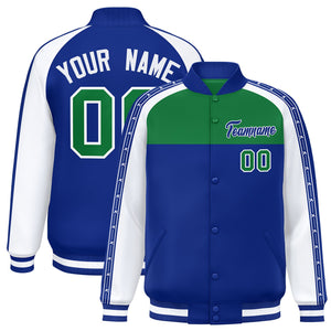 Custom Teal Royal K-Ribbon Raglan Sleeves Varsity Full-Snap Color Block Letterman Jacket