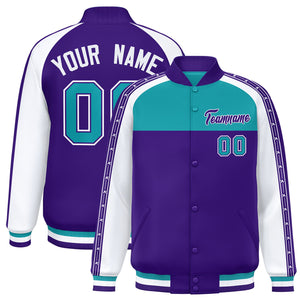 Custom Aqua Purple K-Ribbon Raglan Sleeves Varsity Full-Snap Color Block Letterman Jacket