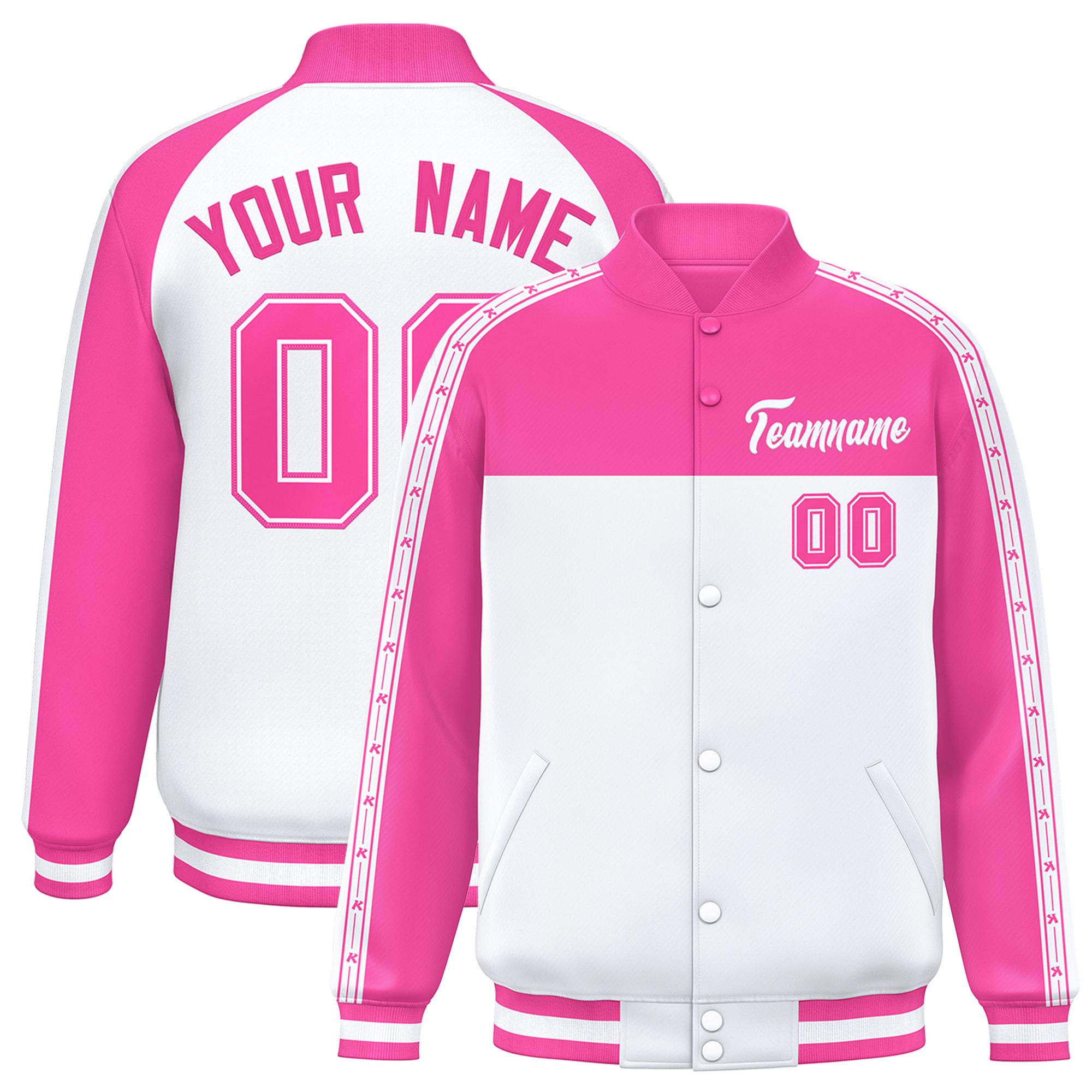 Custom Pink White K-Ribbon Raglan Sleeves Varsity Full-Snap Color Block Letterman Jacket