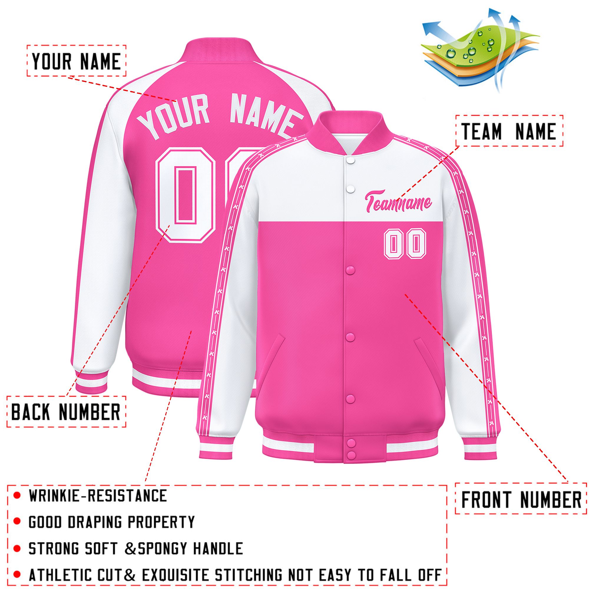 Custom White Pink K-Ribbon Raglan Sleeves Varsity Full-Snap Color Block Letterman Jacket