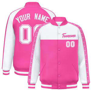 Custom White Pink K-Ribbon Raglan Sleeves Varsity Full-Snap Color Block Letterman Jacket