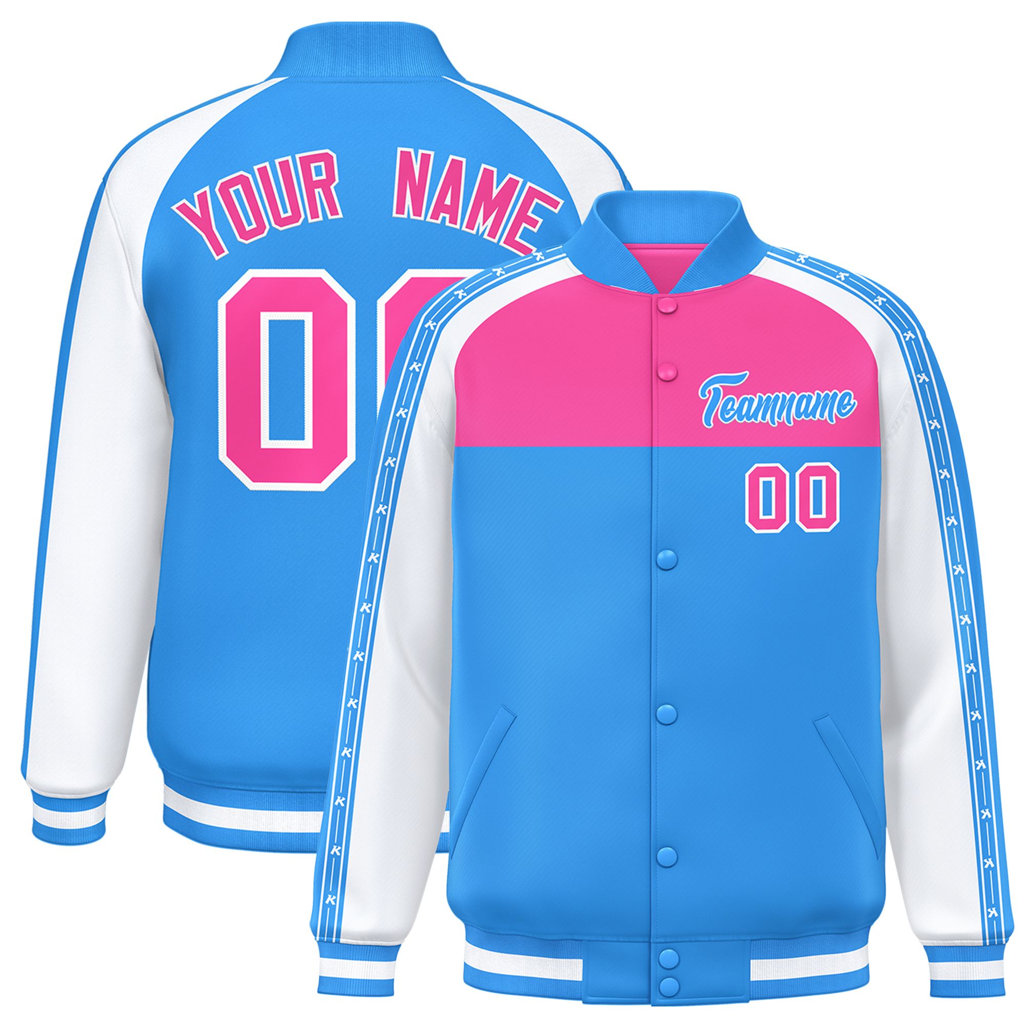 Custom Pink Powder Blue K-Ribbon Raglan Sleeves Varsity Full-Snap Color Block Letterman Jacket