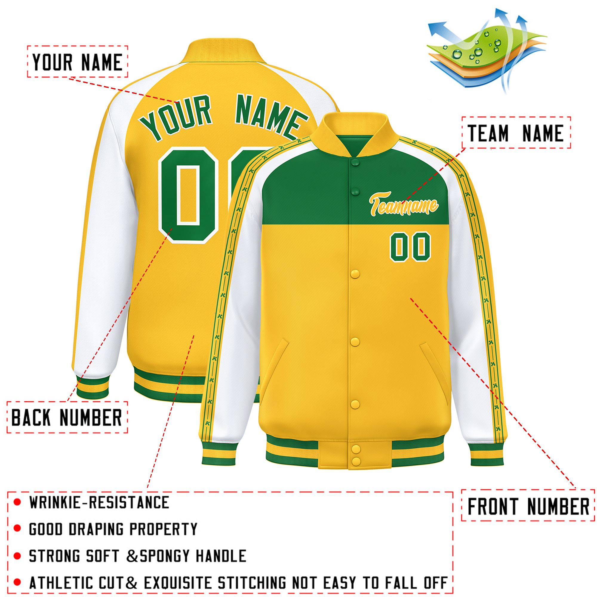 Custom Teal Gold K-Ribbon Raglan Sleeves Varsity Full-Snap Color Block Letterman Jacket