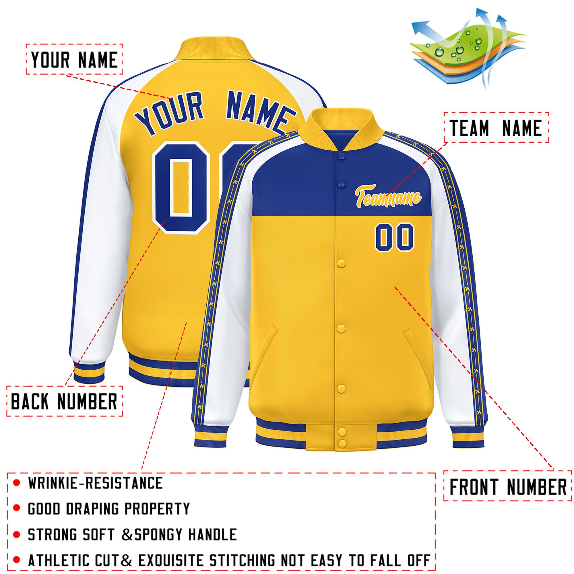 Custom Royal Gold K-Ribbon Raglan Sleeves Varsity Full-Snap Color Block Letterman Jacket