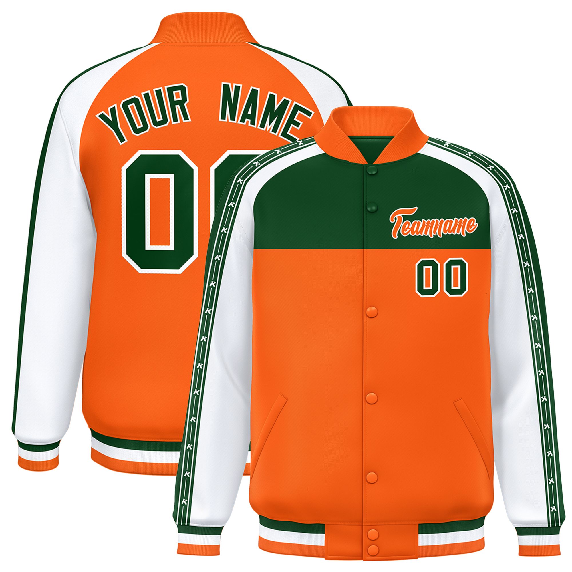 Custom Green Orange K-Ribbon Raglan Sleeves Varsity Full-Snap Color Block Letterman Jacket