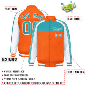 Custom Aqua Orange K-Ribbon Raglan Sleeves Varsity Full-Snap Color Block Letterman Jacket