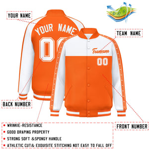 Custom White Orange K-Ribbon Raglan Sleeves Varsity Full-Snap Color Block Letterman Jacket