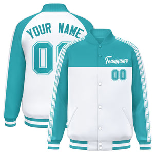 Custom Aqua White K-Ribbon Raglan Sleeves Varsity Full-Snap Color Block Letterman Jacket