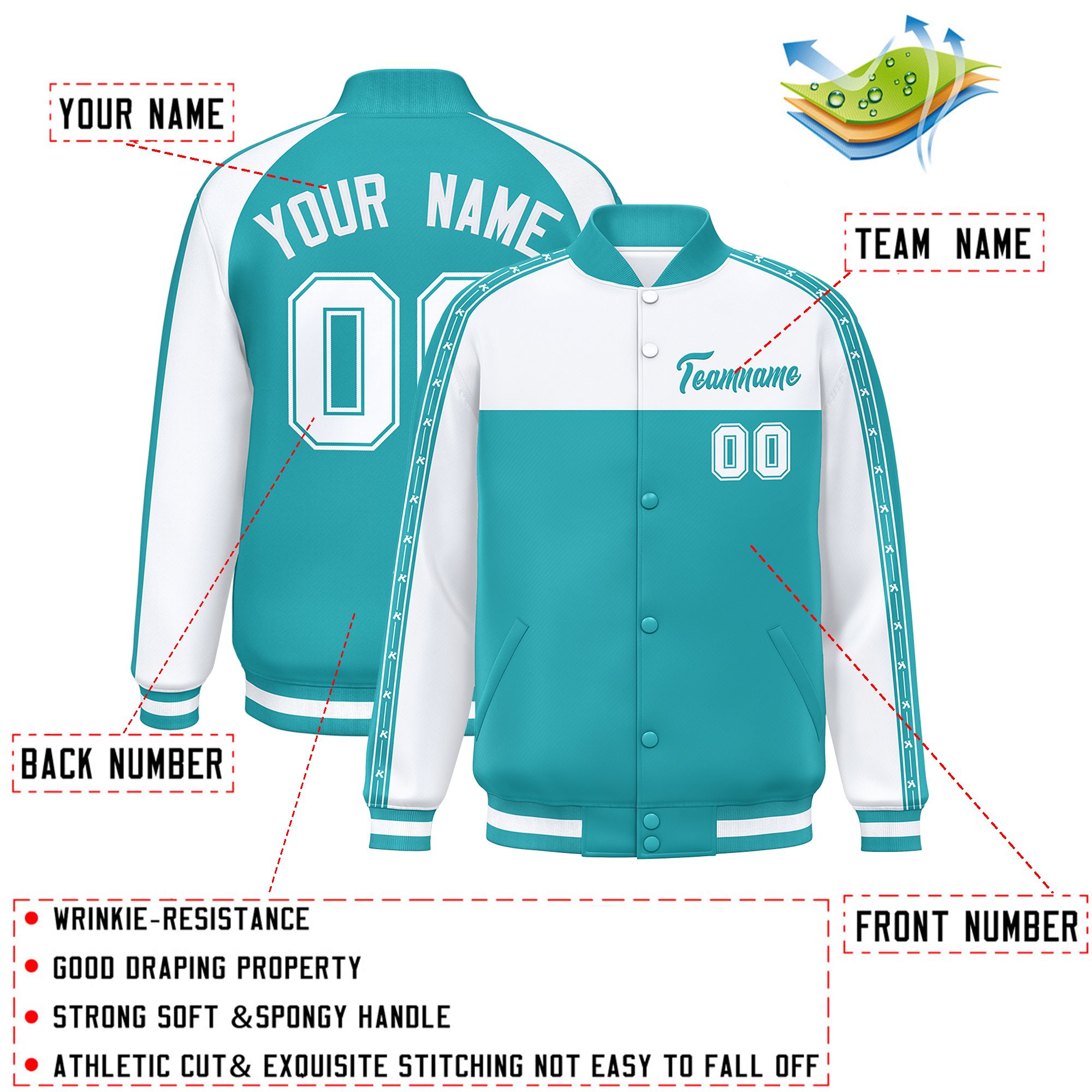 Custom White Aqua K-Ribbon Raglan Sleeves Varsity Full-Snap Color Block Letterman Jacket