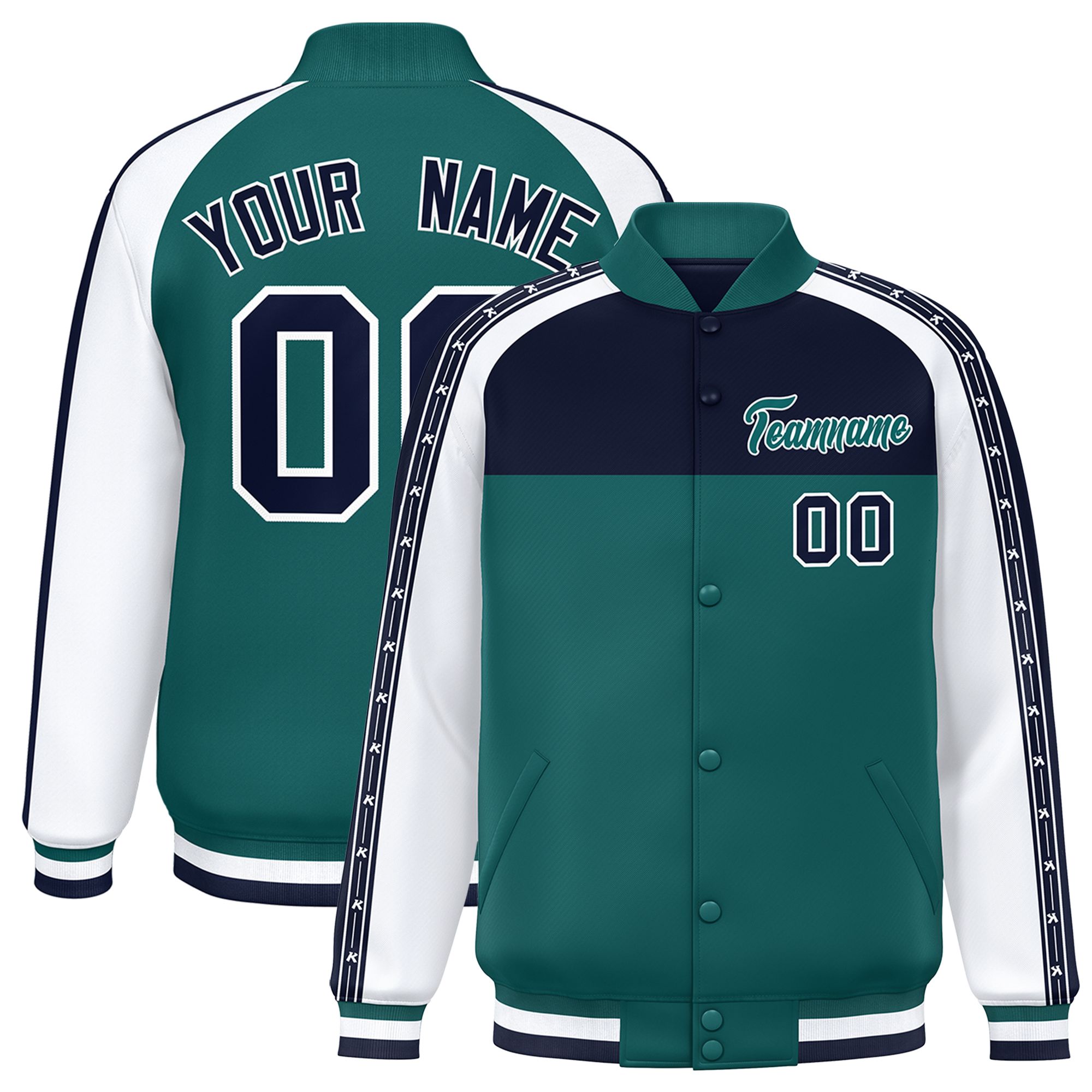 Custom Navy Aqua K-Ribbon Raglan Sleeves Varsity Full-Snap Color Block Letterman Jacket