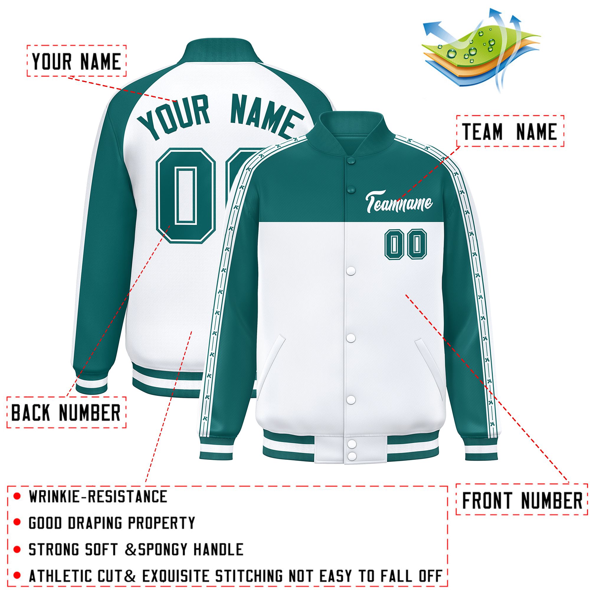 Custom Aqua White K-Ribbon Raglan Sleeves Varsity Full-Snap Color Block Letterman Jacket