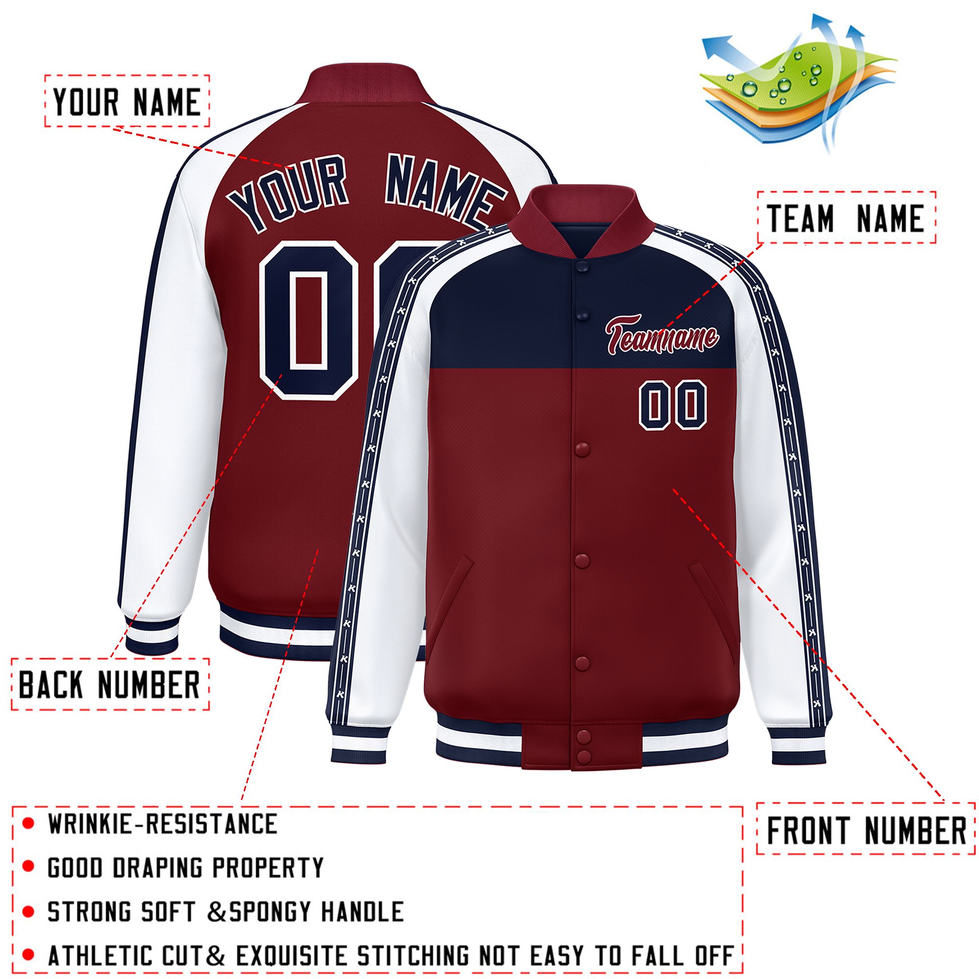 Custom Navy Crimson K-Ribbon Raglan Sleeves Varsity Full-Snap Color Block Letterman Jacket