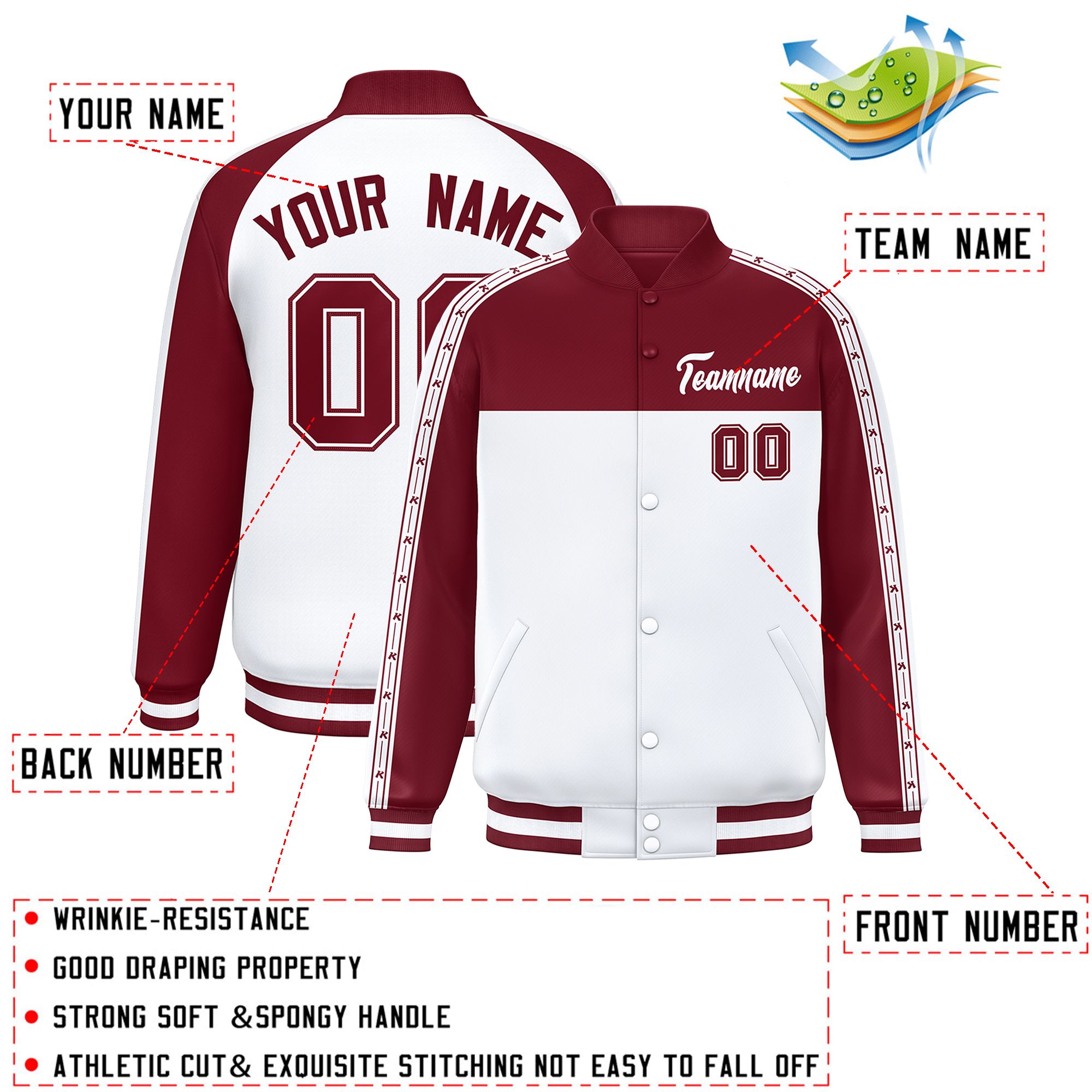 Custom Crimson White K-Ribbon Raglan Sleeves Varsity Full-Snap Color Block Letterman Jacket