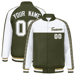 Custom White Olive K-Ribbon Raglan Sleeves Varsity Full-Snap Color Block Letterman Jacket