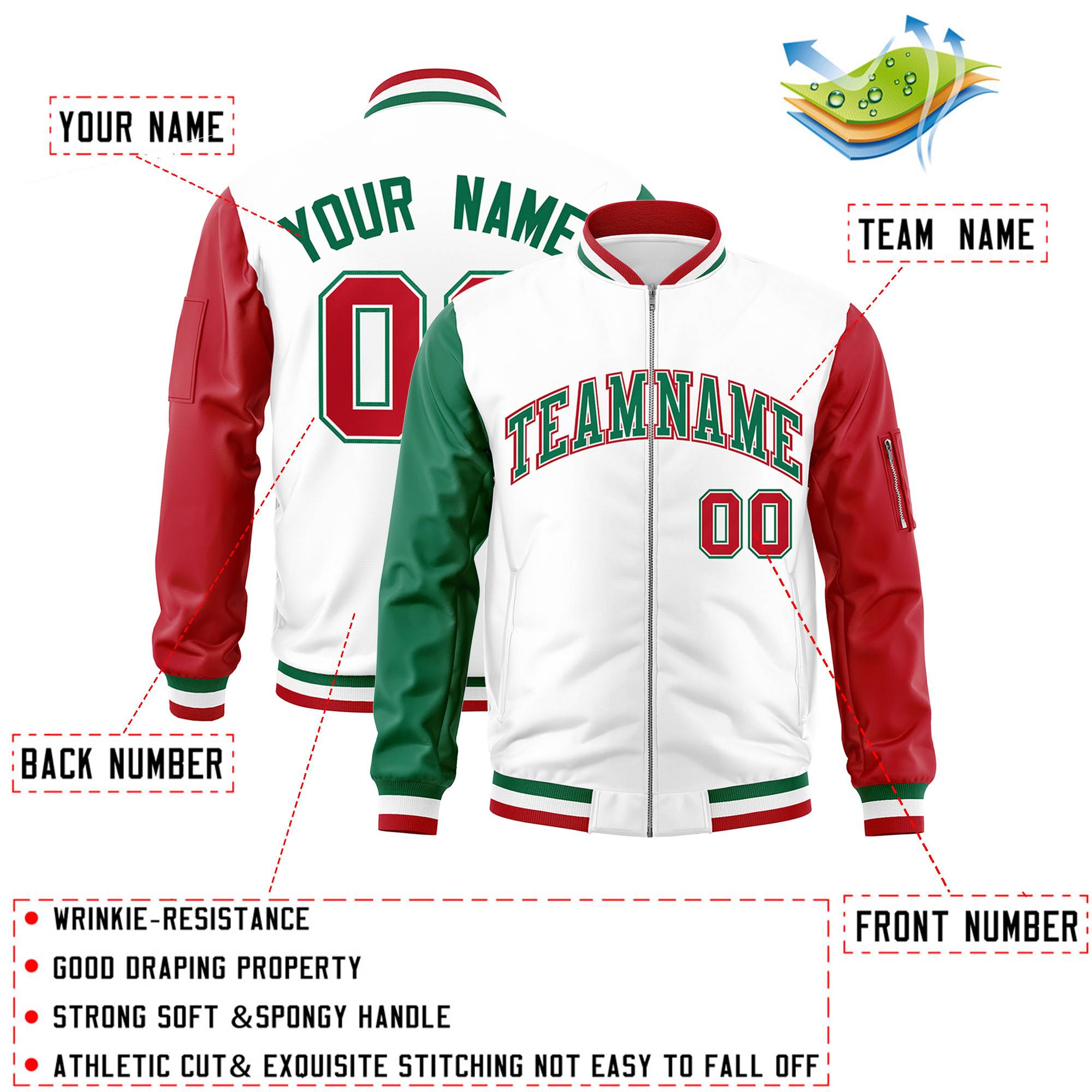 Custom White Red-Kelly Green Varsity Full-Zip Raglan Sleeves Letterman Bomber Jacket