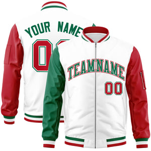 Custom White Red-Kelly Green Varsity Full-Zip Raglan Sleeves Letterman Bomber Jacket