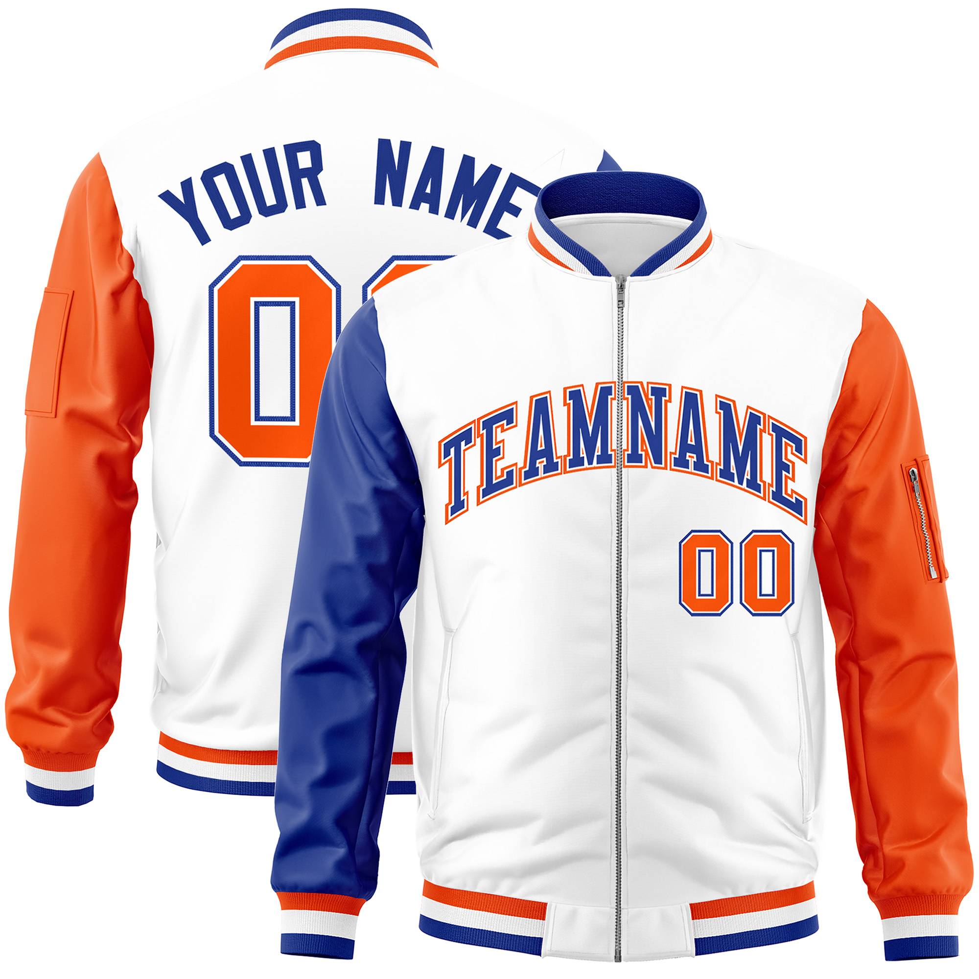 Custom White Orange-Royal Varsity Full-Zip Raglan Sleeves Letterman Bomber Jacket