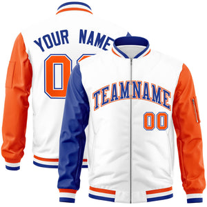 Custom White Orange-Royal Varsity Full-Zip Raglan Sleeves Letterman Bomber Jacket