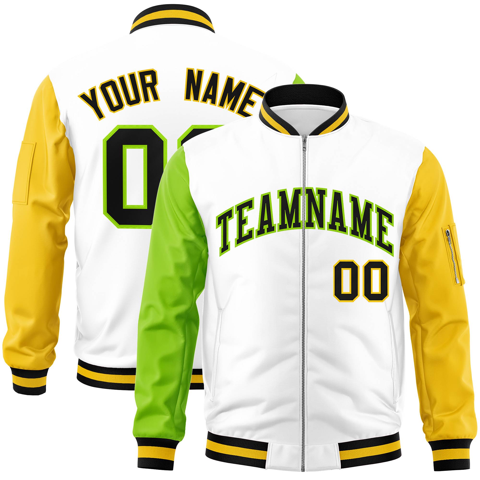 Custom White Gold-Neon Green Varsity Full-Zip Raglan Sleeves Letterman Bomber Jacket