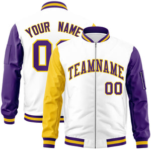 Custom White Purple-Gold Varsity Full-Zip Raglan Sleeves Letterman Bomber Jacket