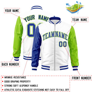 Custom White Neon Green-Royal Varsity Full-Zip Raglan Sleeves Letterman Bomber Jacket