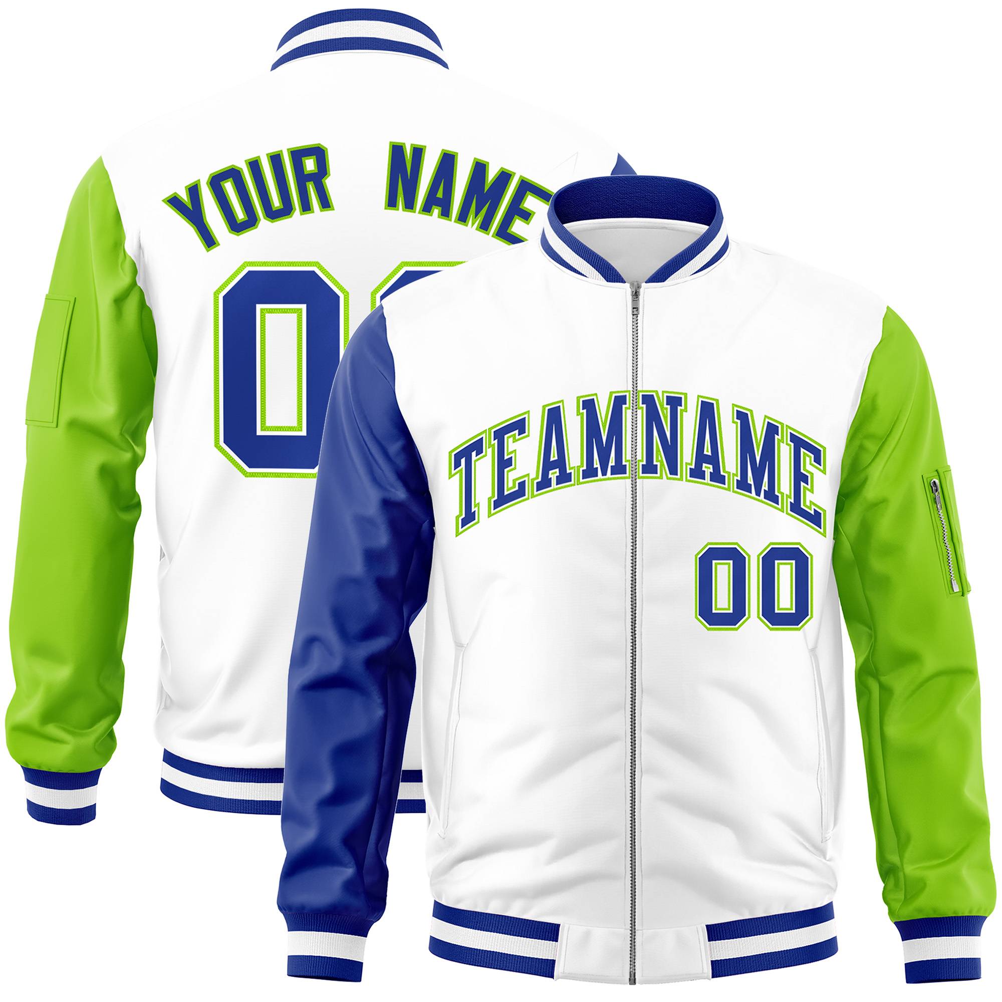 Custom White Neon Green-Royal Varsity Full-Zip Raglan Sleeves Letterman Bomber Jacket