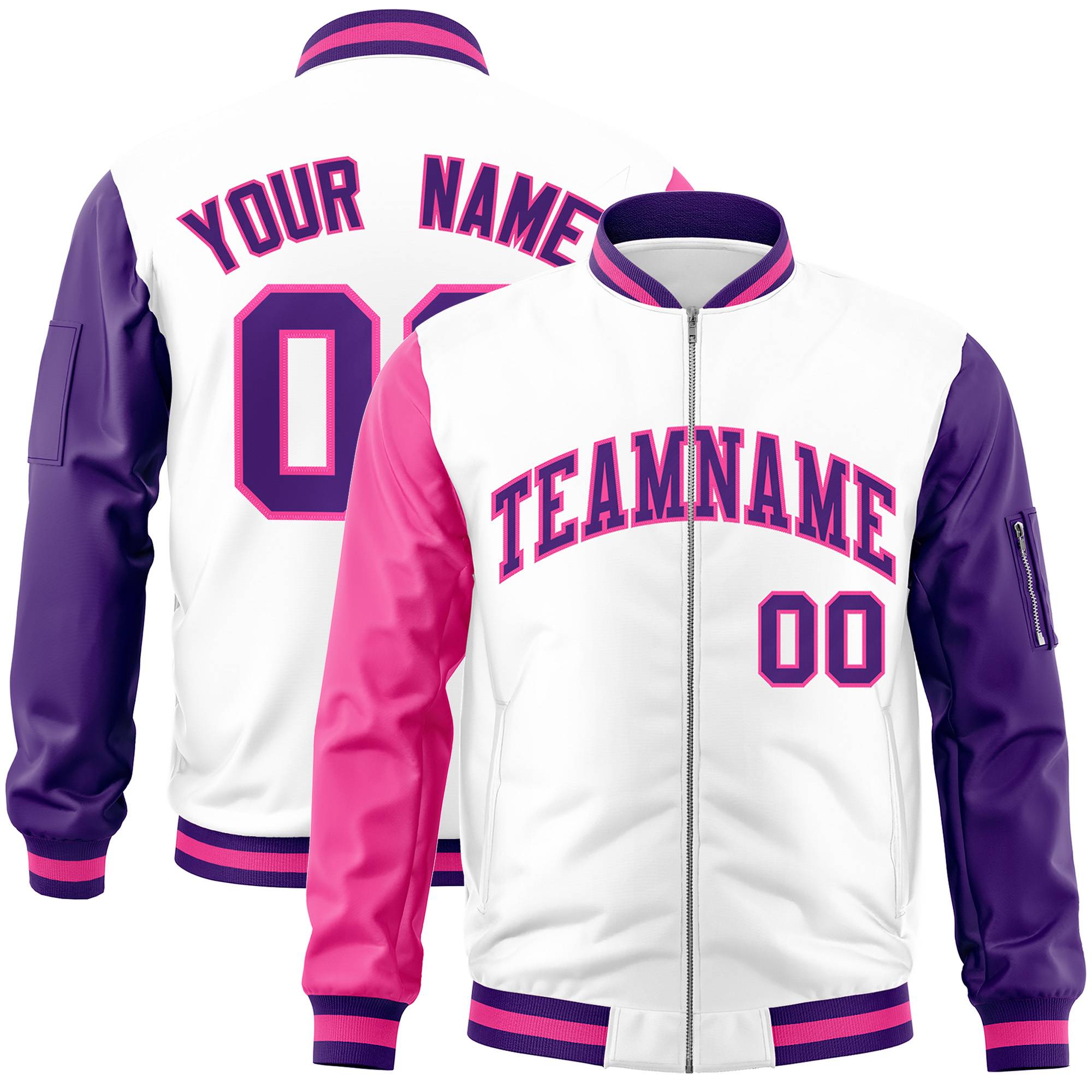 Custom White Purple-Pink Varsity Full-Zip Raglan Sleeves Letterman Bomber Jacket