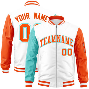 Custom White Orange-Bright Green Varsity Full-Zip Raglan Sleeves Letterman Bomber Jacket