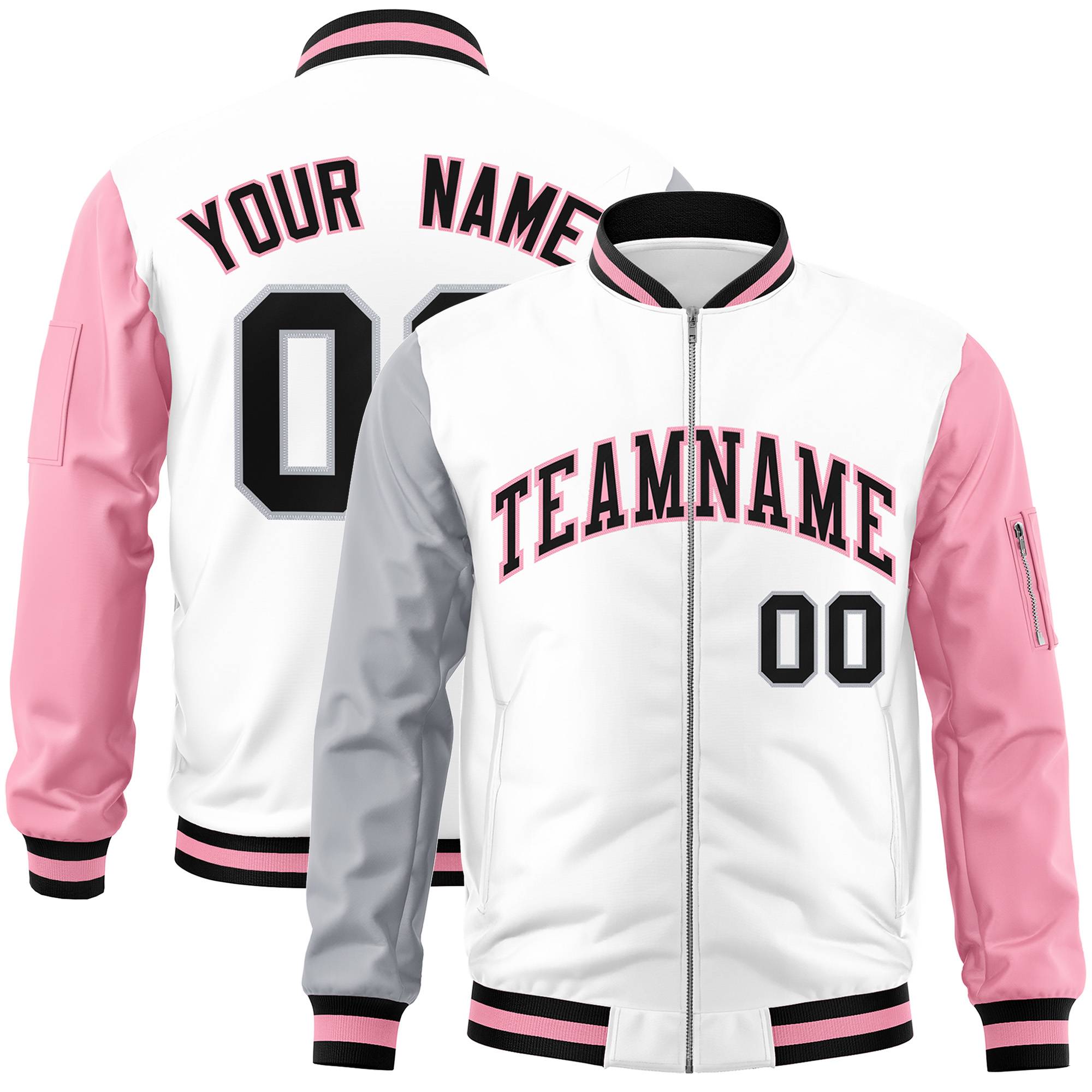 Custom White Light Pink-Gray Varsity Full-Zip Raglan Sleeves Letterman Bomber Jacket