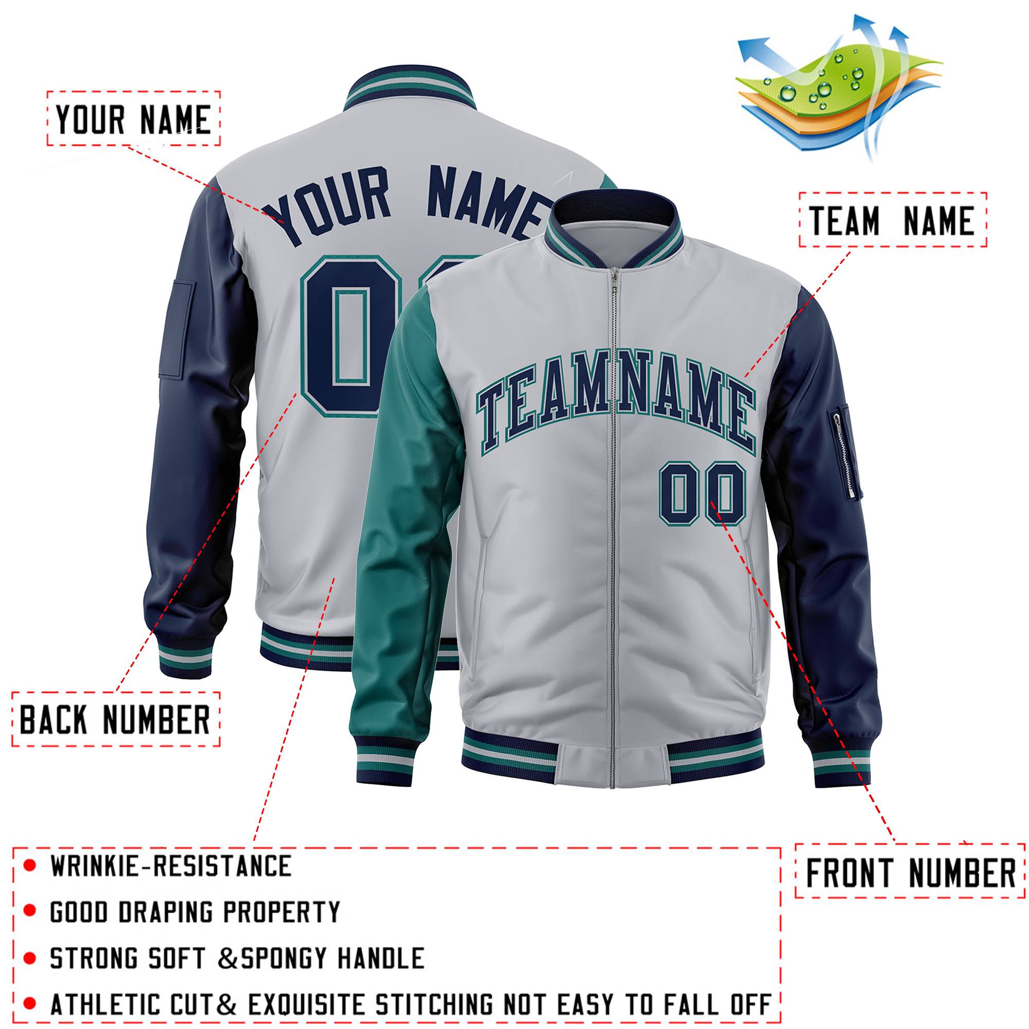 Custom Gray Navy-Aqua Varsity Full-Zip Raglan Sleeves Letterman Bomber Jacket