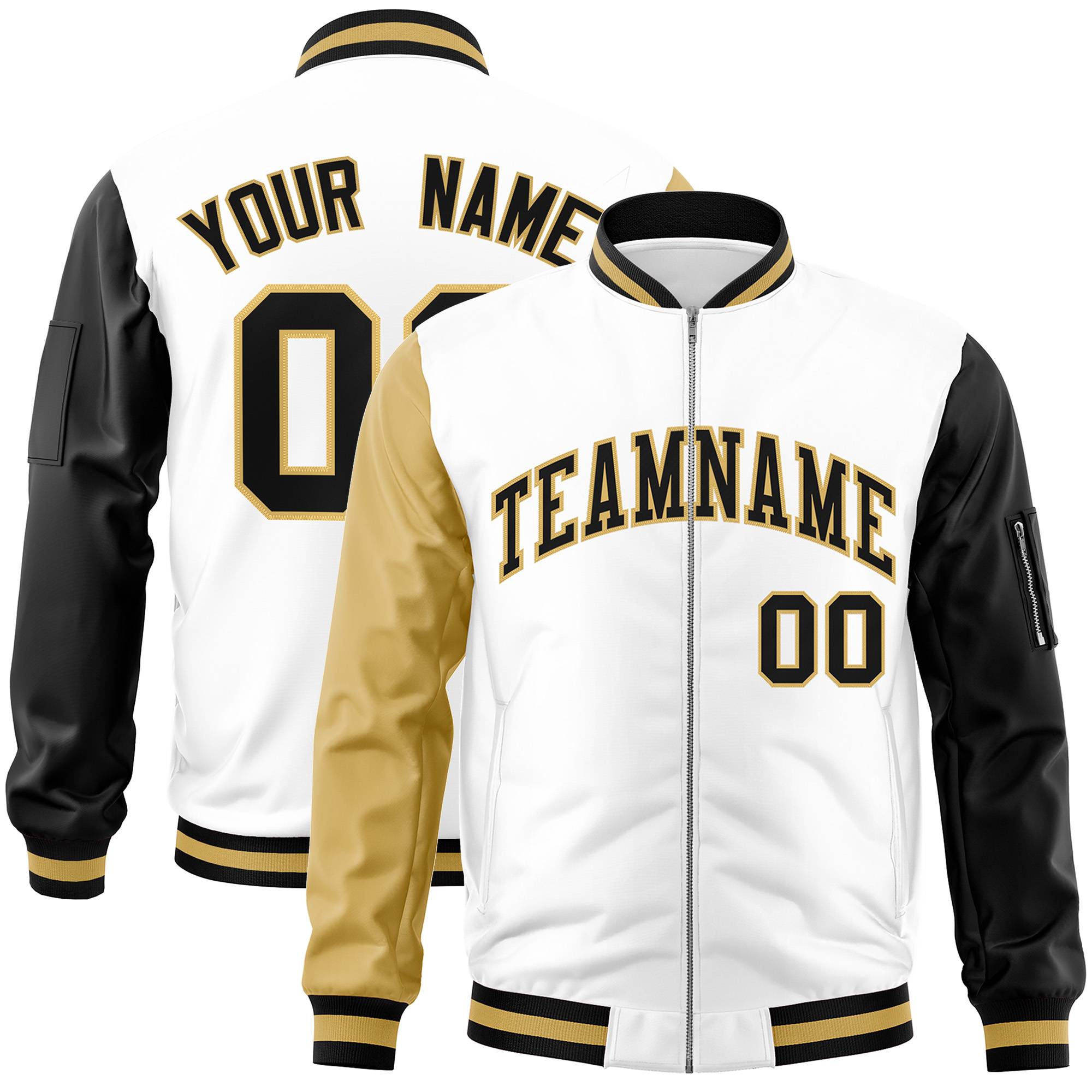 Custom White Black-Old Gold Varsity Full-Zip Raglan Sleeves Letterman Bomber Jacket