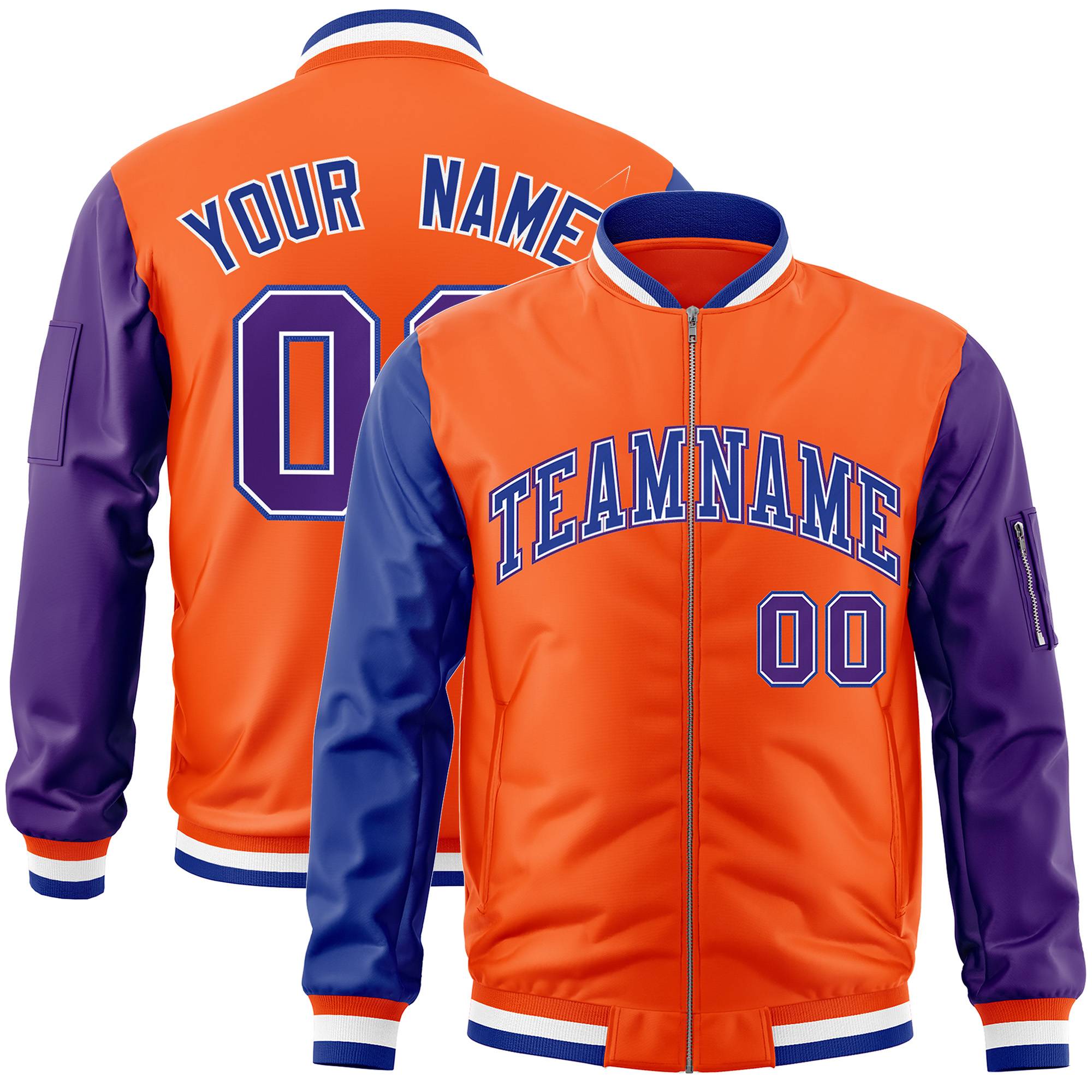 Custom Orange Purple-Royal Varsity Full-Zip Raglan Sleeves Letterman Bomber Jacket