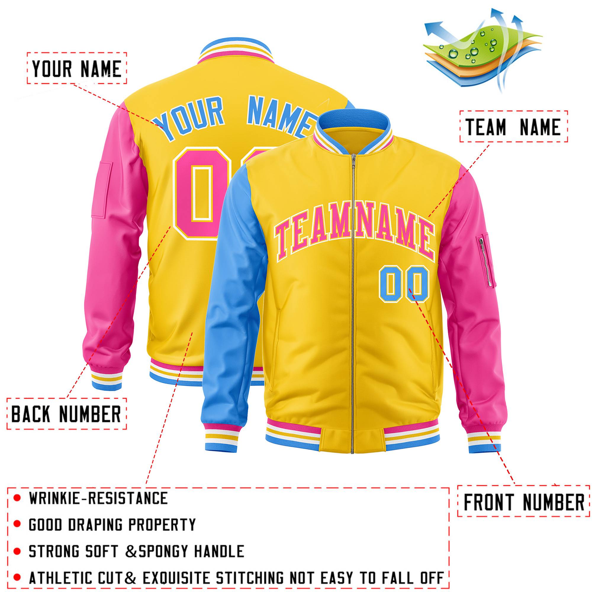 Custom Gold Pink-Powder Blue Varsity Full-Zip Raglan Sleeves Letterman Bomber Jacket